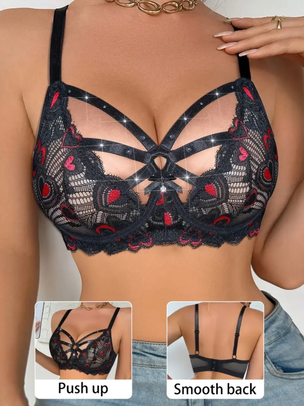 Black & Red, Lace, Strappy Push-Up, Lingerie Bralette